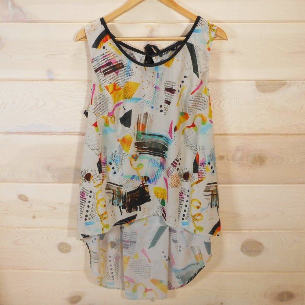 Jete Womens XL Sleeveless Tunic Top Multicolor Print Hi-Low Tie at Back